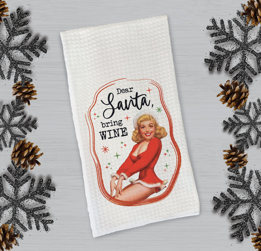 “Dear Santa, Bring Wine” Retro Pinup Girl Christmas Microfiber Towel