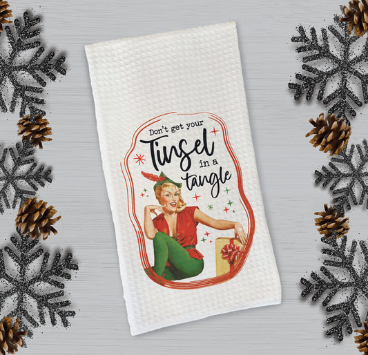 “Don't Get Your Tinsel in a Tangle” Retro Pinup Girl Christmas Microfiber Towel