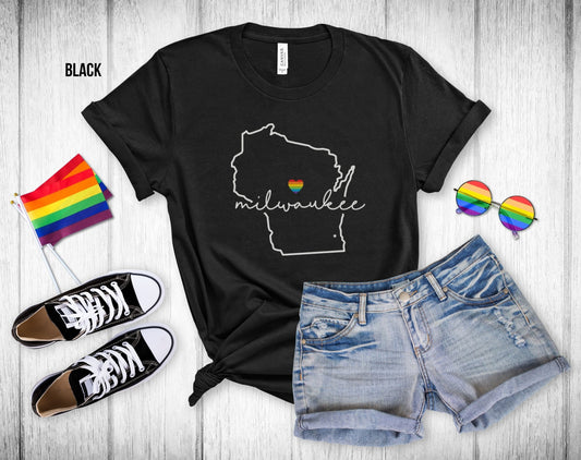 Gay Pride Milwaukee - Wisconsin Outline - Rainbow Heart - Unisex Tee
